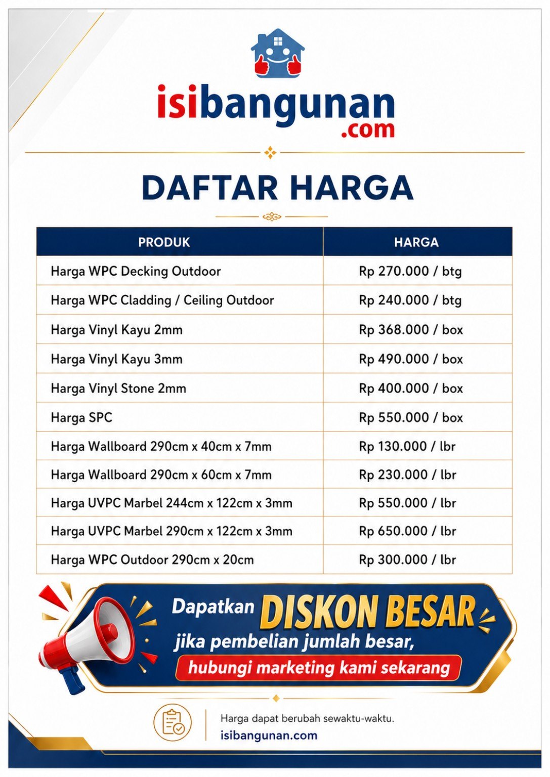 Daftar harga Isibangunan WPC decking outdoor, WPC cladding ceiling outdoor, vinyl, SPC, wallboard, UPVC marble